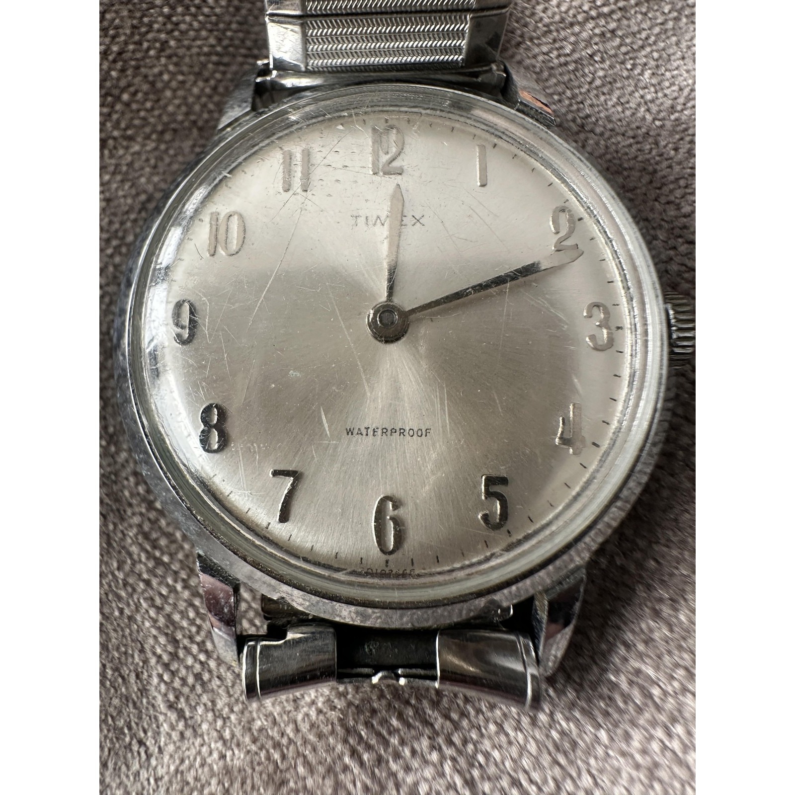 Vintage 1967 Timex Mechanical Watch Silver Dial Arabic Waterproof Speidel Band